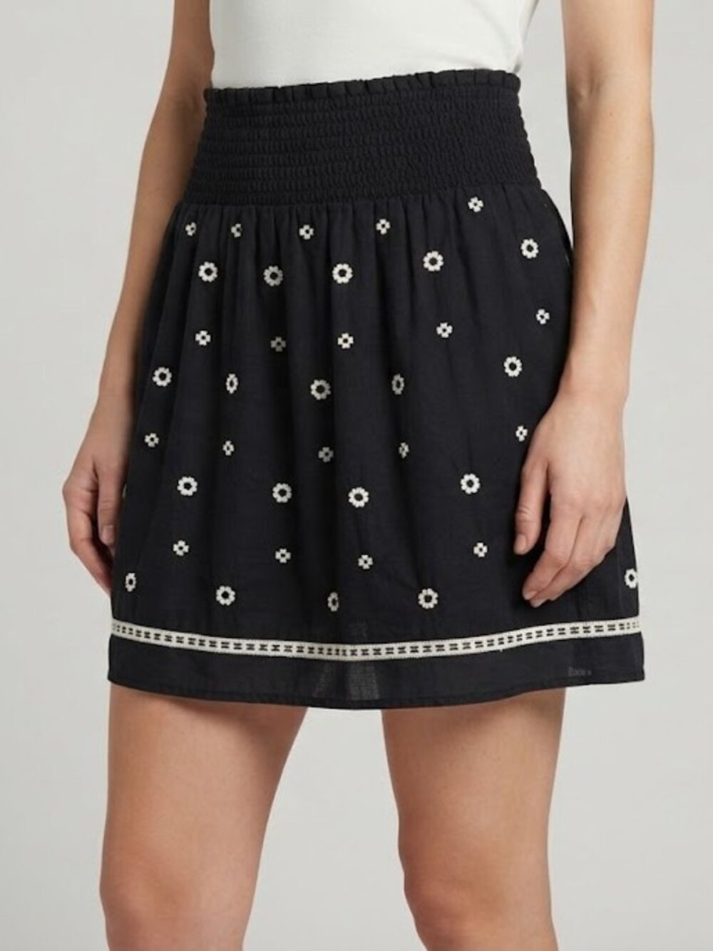 Black Mini Skirt with White Floral Embroidery